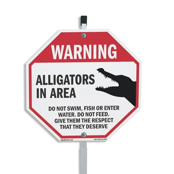 Warning Alligators in Area Do Not Swim Fish or Enter Water. Do Not Feed. Give Them the Respect That They Deserve 10 inch X 10 inch Octagon Aluminum Metal Signs with Aluminum Mounting