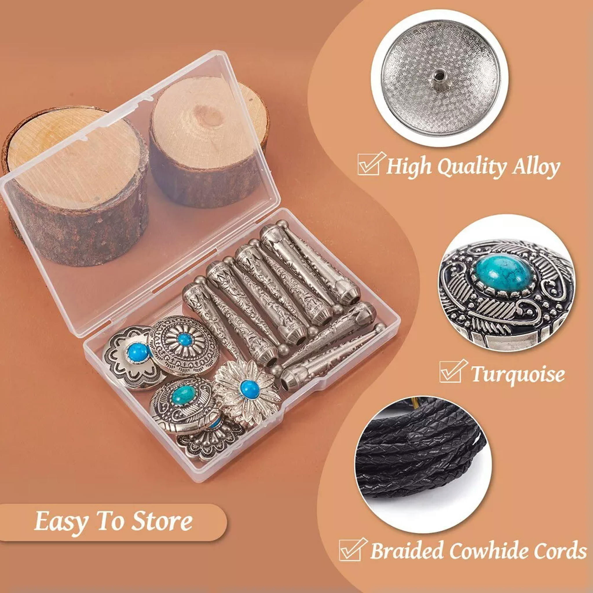 U8MO Zinc Alloy Buttons Cord End Braided Cowhide Cord DIY Flower Bolo Tie Making Kit