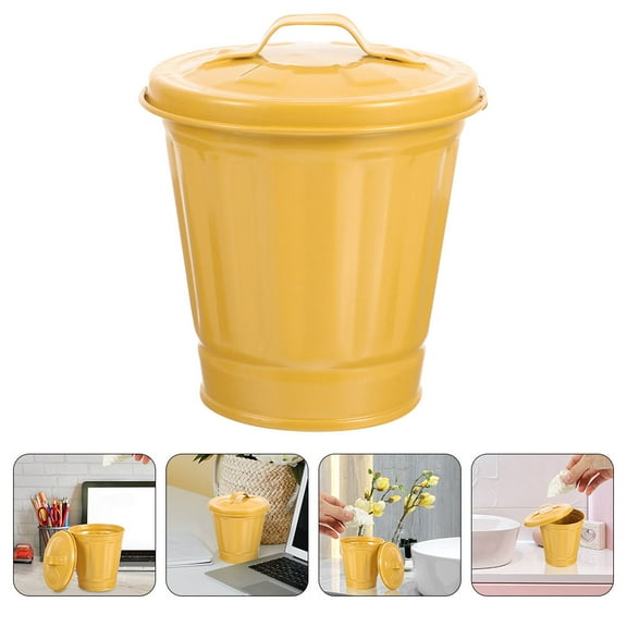 FOMIYES 1Set Yellow Iron Small Desk Trash Can with Lid for Office Dormitory Home 13.0*9.0*9.0in
