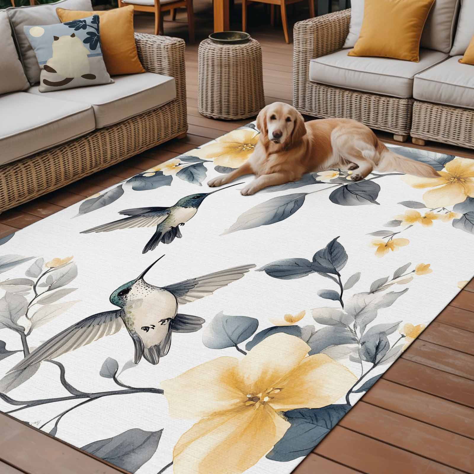 Fsddascl Yellow Grey Spring Floral Outdoor Rug for Patio/Deck/Porch, Non-Slip Large Area Rug 5 x 8 Ft, Birds Summer Botanical Indoor Outdoor Rugs Washable Area Rugs, Reversible Camping Rug Carpet