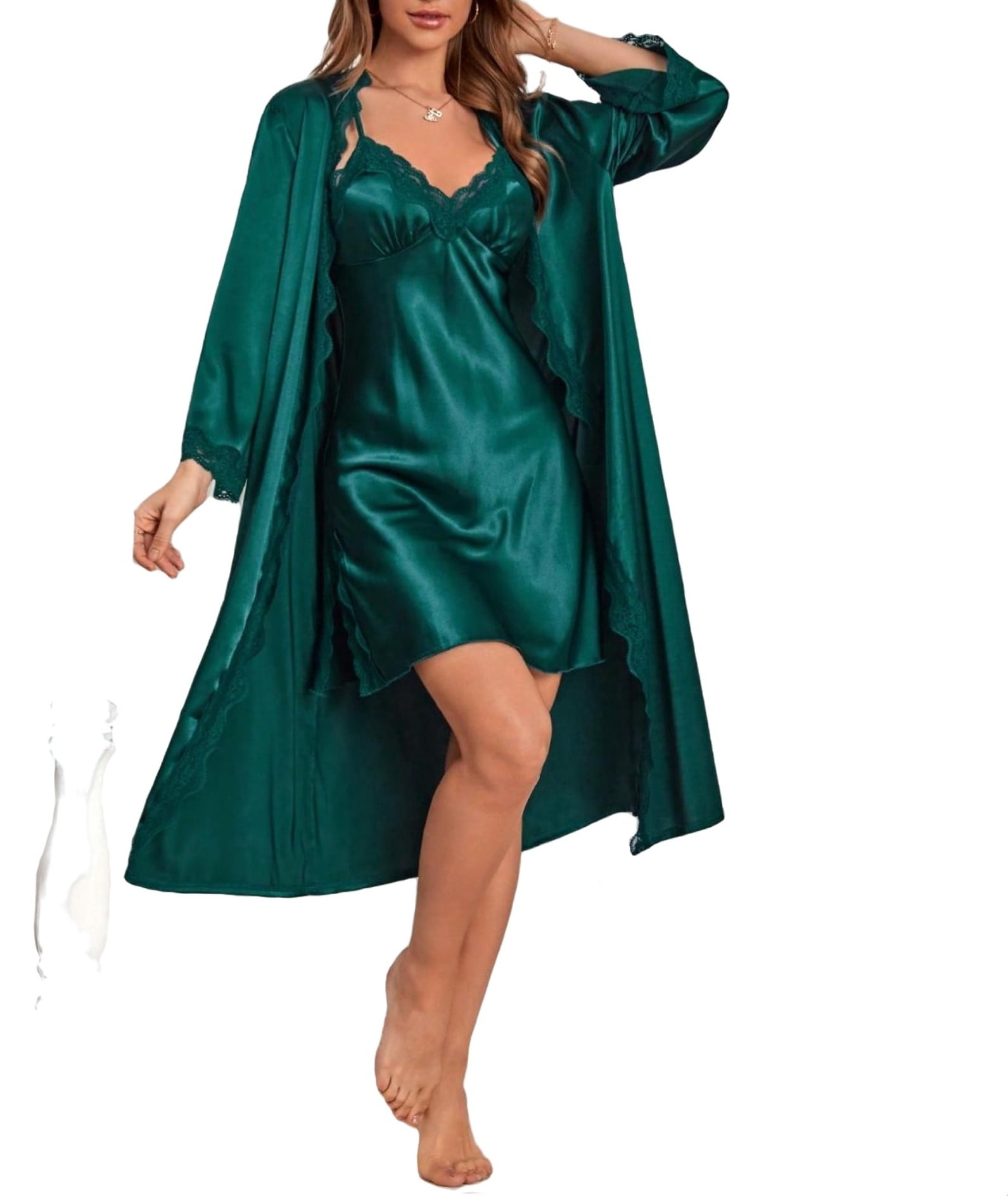 Spaghetti Strap Satin Robe Sets Long Sleeve Dark Green Womens Pajama ...