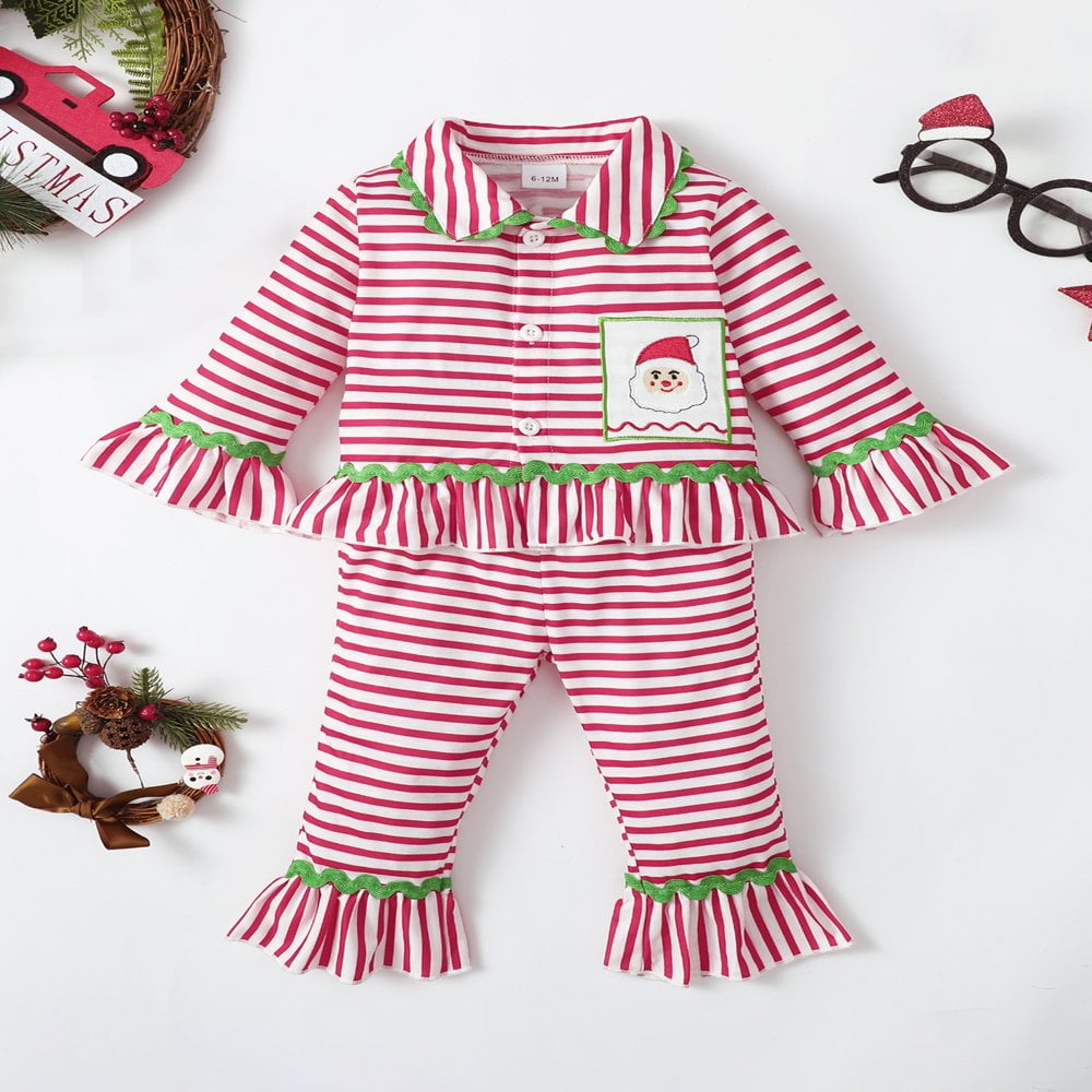 Christmas Pajamas for Toddler Girls Santa Stripe Long Sleeve Buttons Tops Pants Toddlers Sleepwear Outfits 2Pcs Sets Red Stripe 12 18 Months