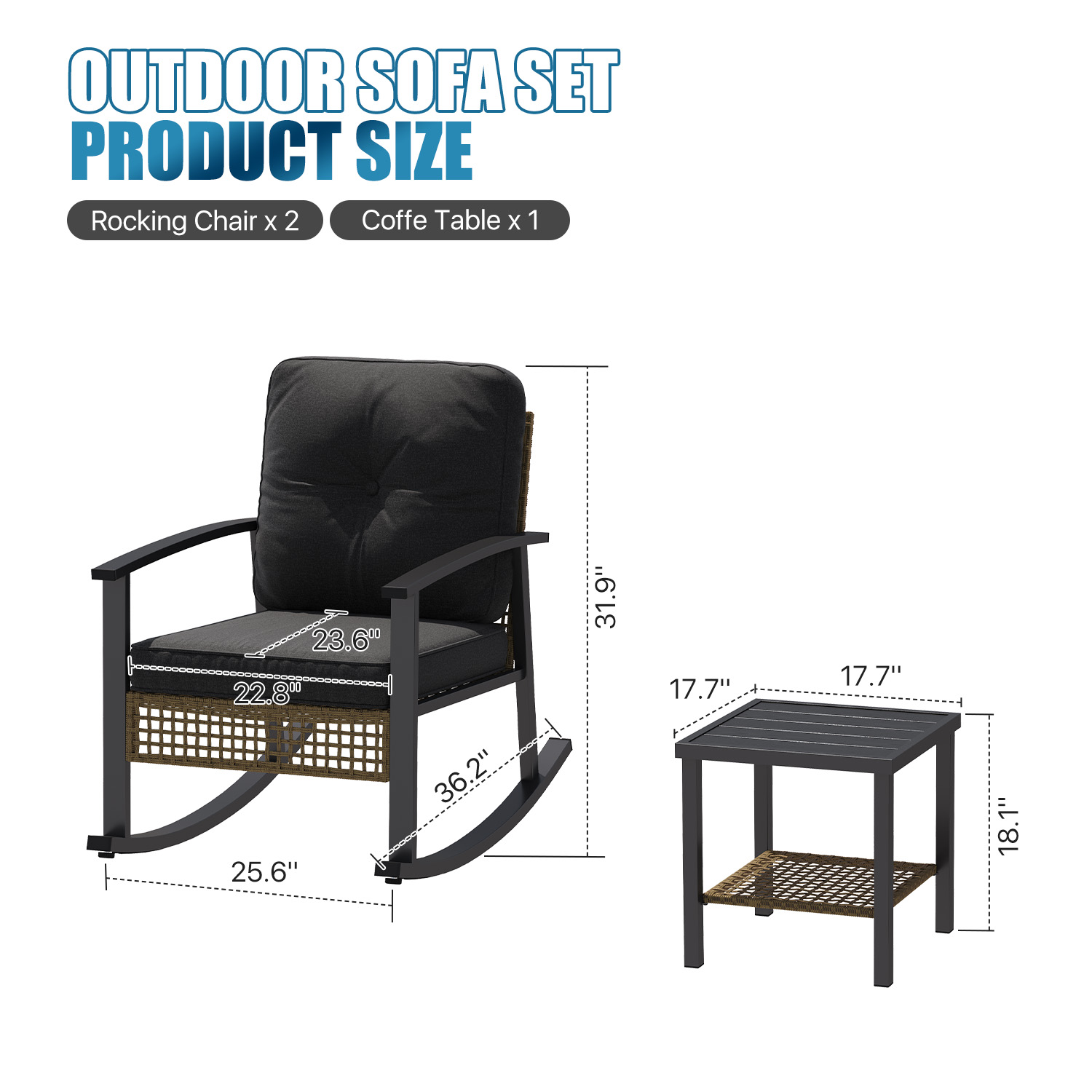 BaPiPro 3-Piece Outdoor Rocking Chair Set, PE Wicker Patio Furniture with Water-Resistant Cushions, Galvanized Steel Frame, 2-Tier Coffee Table, for Porch, Backyard, Poolside, Black