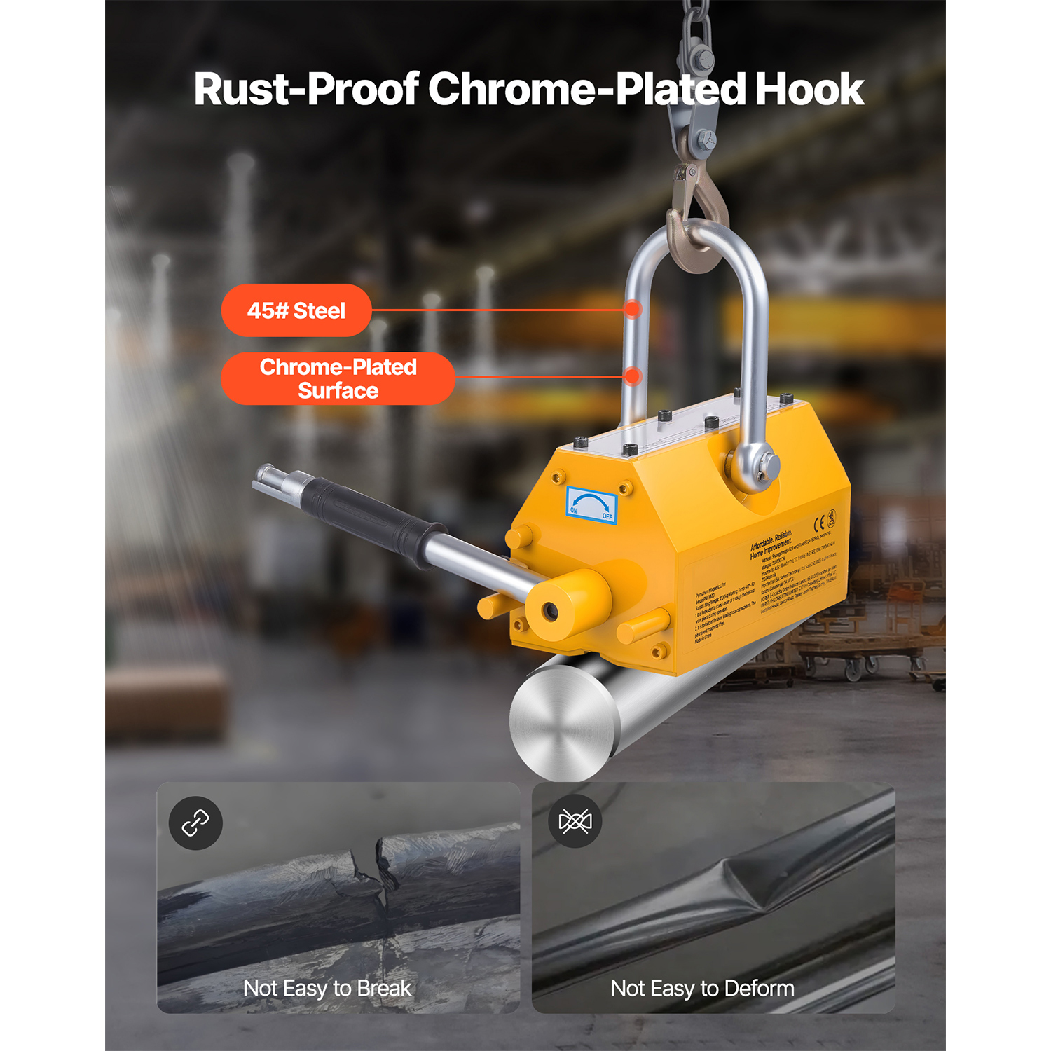 KFFKFF Permanent Magnetic Lifter, 2200 lbs Capacity, Durable N42 Neodymium Magnet with Release Handle and Steel Hook, Suitable for Shop Cranes and Hoists, Ideal for Lifting Steel Plates and Boards