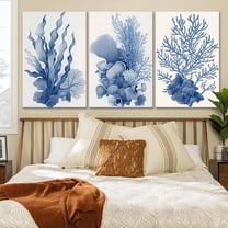 Singg Navy Blue Coral Canvas Painting - Vintage Coastal Beach Bathroom Wall Art, Navy Blue Posters, Coral Decor, Boho Minimalist Beachy Room Decor Aesthetic for Living Room Bedroom Office