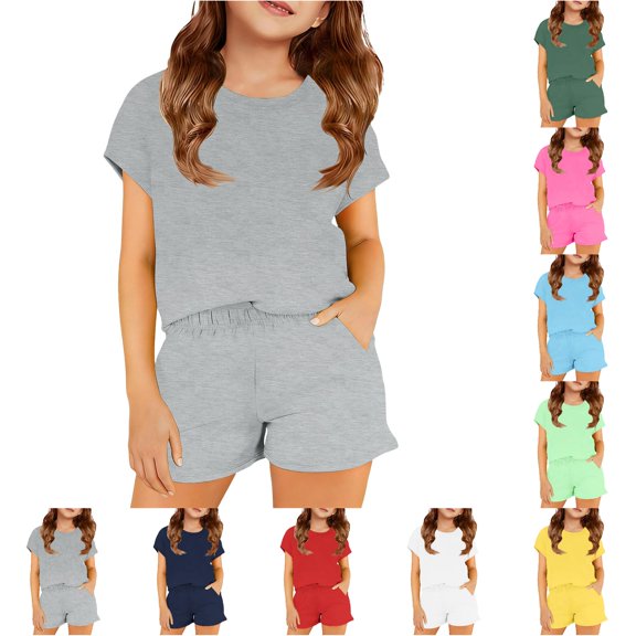 TBWNWG Girls Casual Two-Piece Outfit for Toddlers and Kids - Soft Color Top and Shorts Comfortable Everyday Wear for Spring Summer