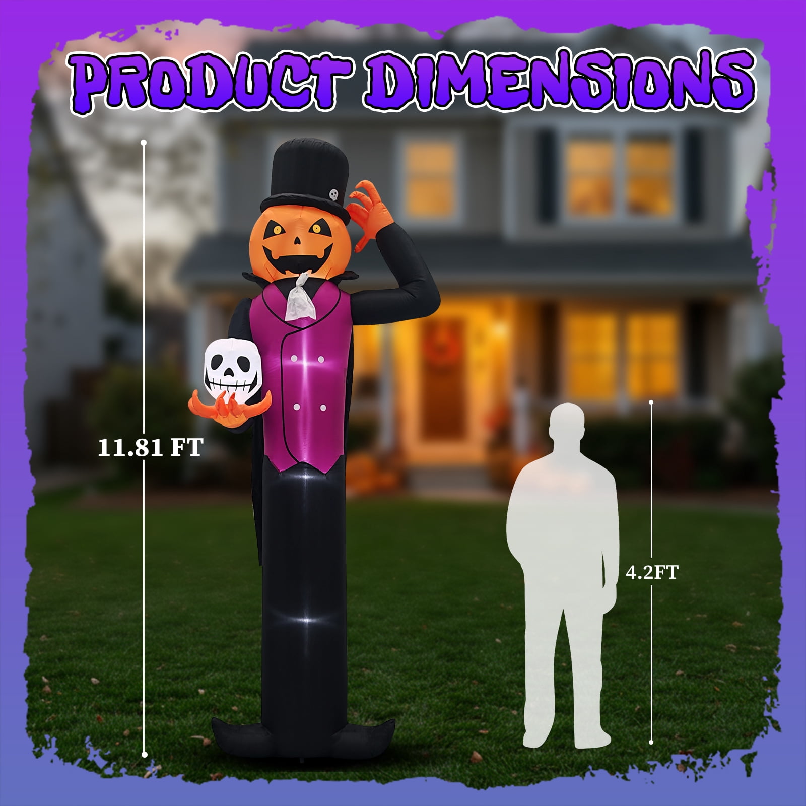 Astoutdoor 12 ft Halloween Inflatable Pumpkin Man Holding Skull with Built-in White LEDs