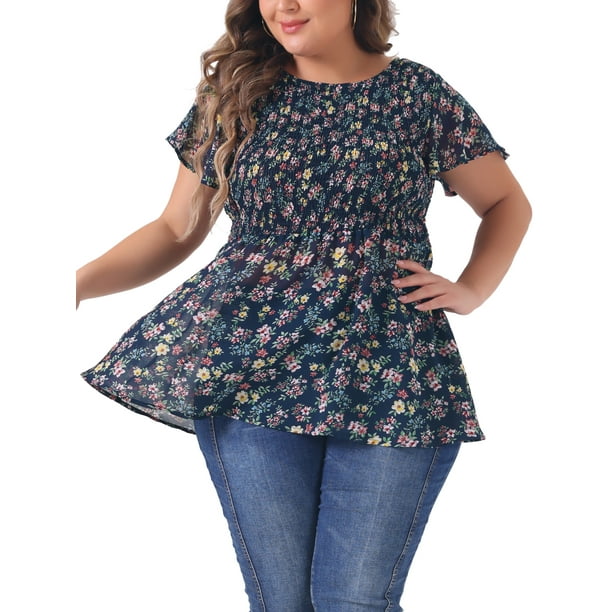 Blusas de gasa de talla grande GRACE & GRANDEUR para mujeres, blusa peplum de flores peque?as con mangas cortas y fruncido, 3X azul marino