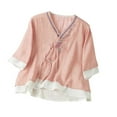 thumbnail image 2 of HongQid Boho Floral Embroidery Cotton Linen Tops for Women Chinese Frog Button 3/4 Sleeve Loose Casual Blouses Shirts, 2 of 5