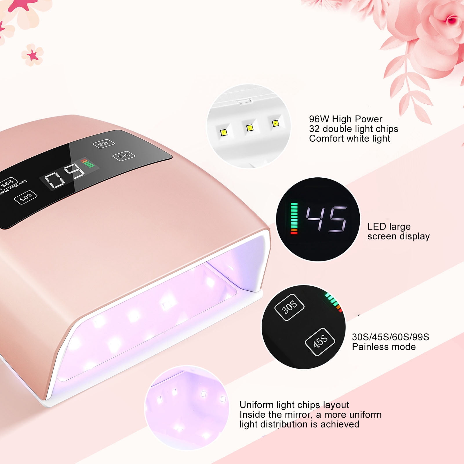 Yajisi Nail Lamp 96W Fast Drying Rechargeable Long Battery Life UV LED Nail Light 100-240V EU Plug White