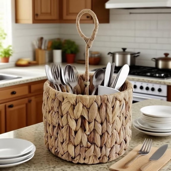 Water Hyacinth Storage Basket, Handwoven Silverware Holder with Handles, Round Organizer Bin for Kitchen Utensils, Dining Table, Office Desk Decor