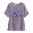 thumbnail image 3 of DDAPJ pyju Cotton Linen Tops for Women Dressy Casual Floral Blouse Loose Comfy Round Neck Short Sleeve T Shirt Limited Time Sales of Today Purple XXL, 3 of 5