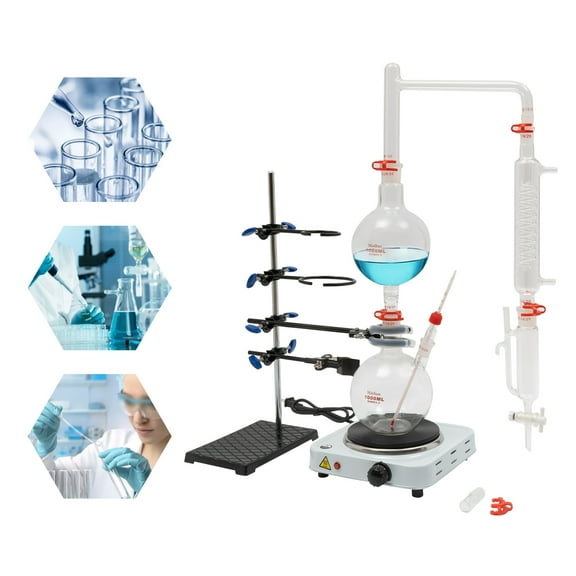 Lab Essential Oil Distillation Apparatus Complete and Professional Kit 1.06qt 2-neck Boiling Flask  1000ml Filling Flask & Electric Heater Furnace for Family Research Center University