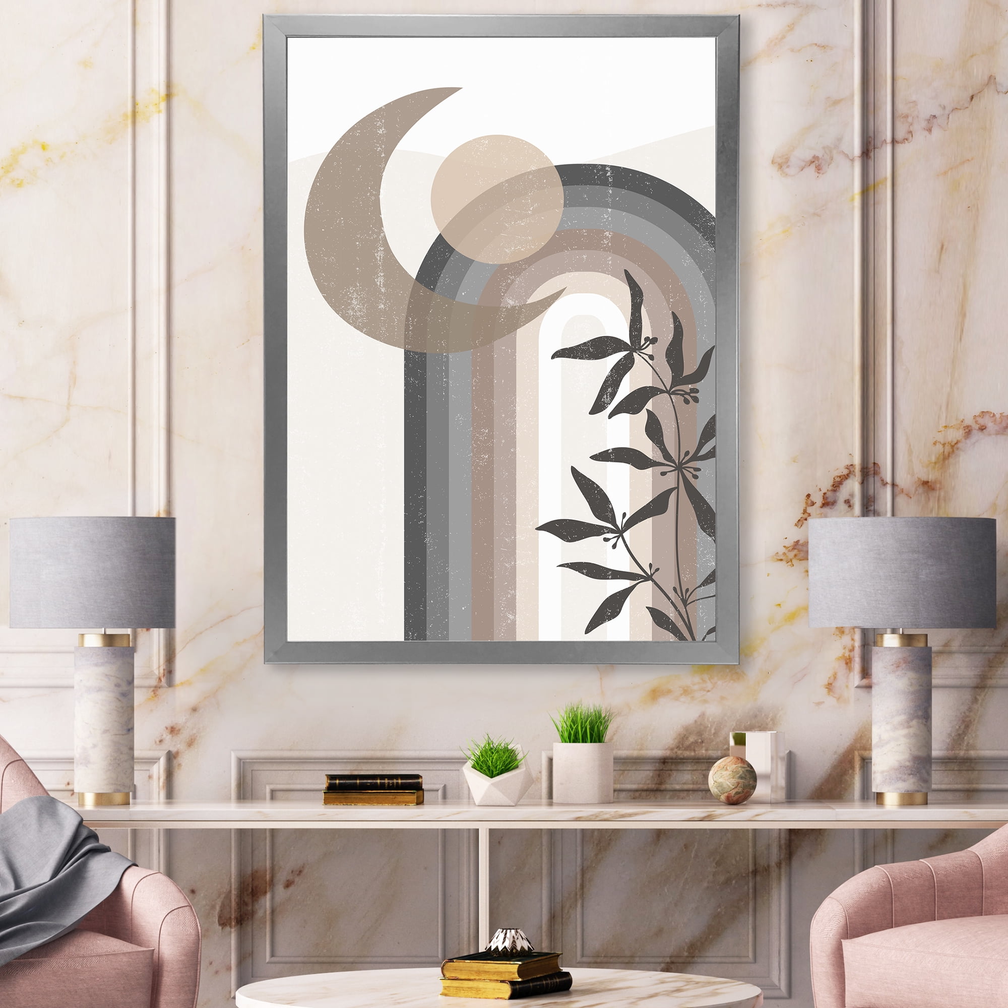 Designart 'Abstract Moon and Sun In Gray and Blue' Modern Framed Art Print