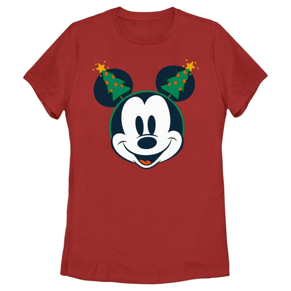 Women's Mickey & Friends Retro Christmas Tree Ears Graphic Tee Red Large