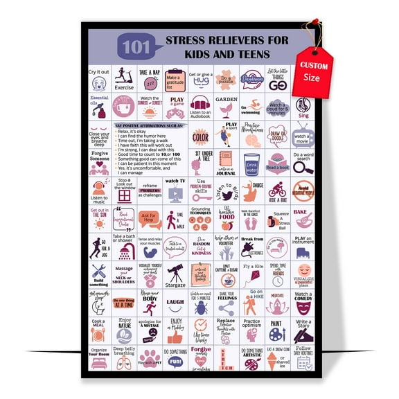 LOLUIS 101 Stress Relievers Poster, Stress Management Coping Skills Poster, Mental Health Poster for Kids Teens (Unframed 11"x17")