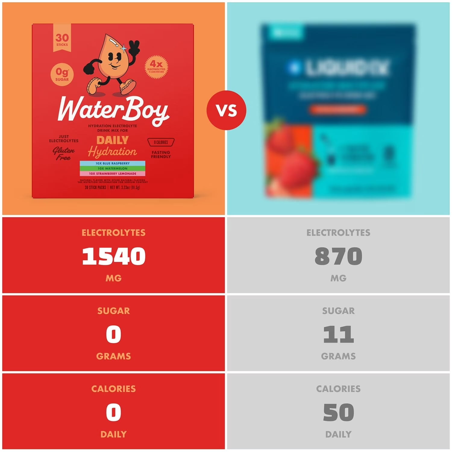 Waterboy Sugar-Free Electrolyte Drink Mix Variety Pack – Daily Hydration, 30 ct | Zero Sugar, Keto & Vegan Friendly | High Electrolytes
