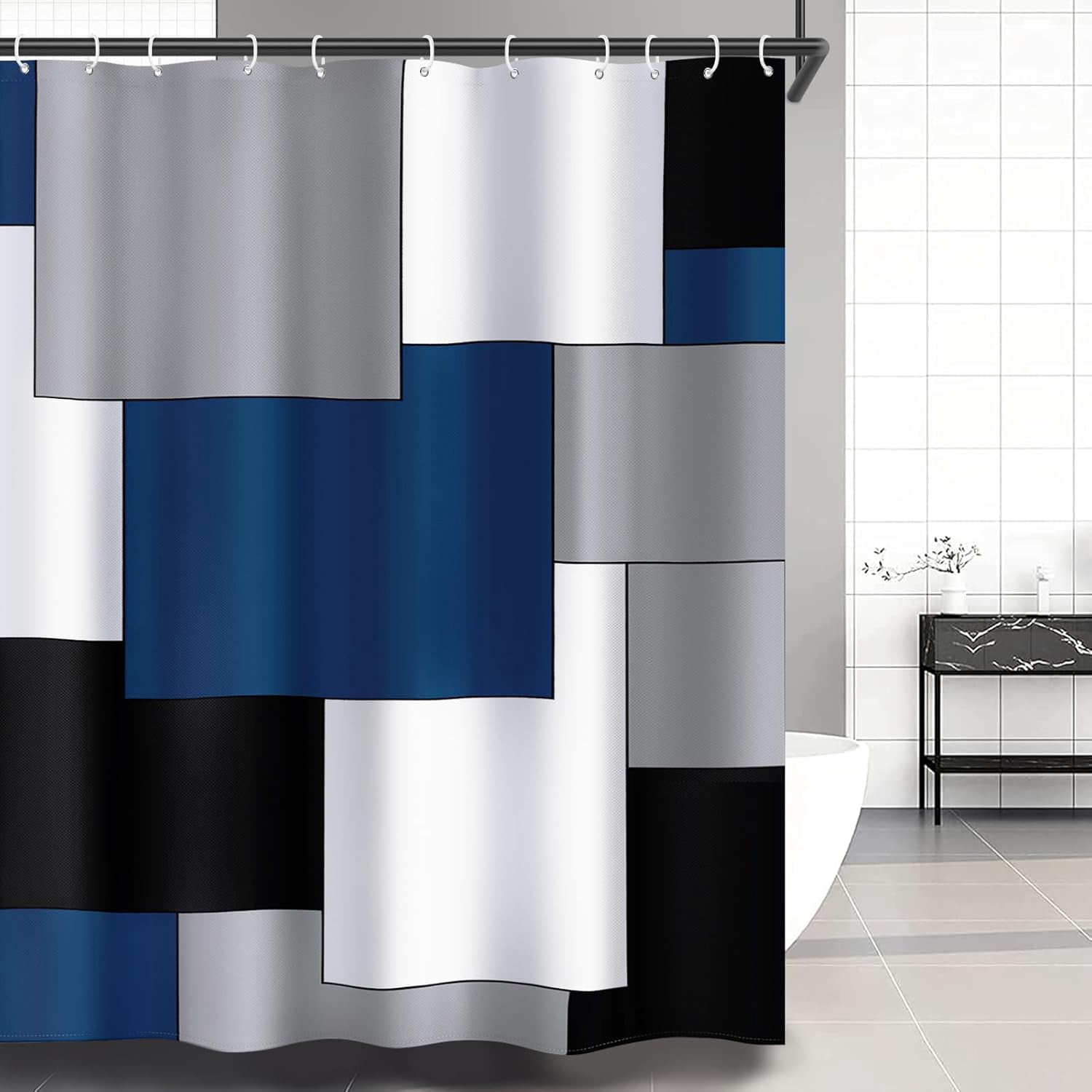 Blue Mens Shower Curtain Modern Bathroom Navy Blue Accessories Decor Black and Gray Shower Curtain Set with 12 Hooks 72x72 Inches