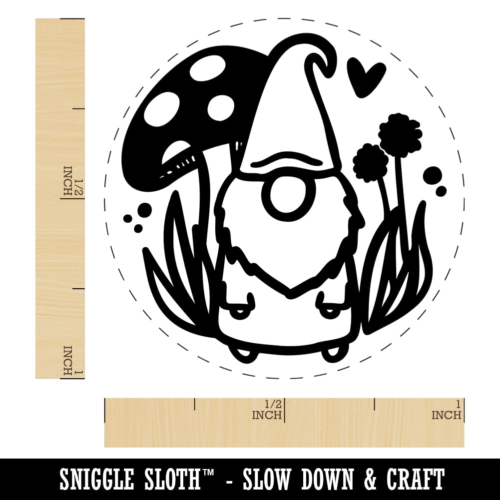 Enchanting Lovable Garden Gnome with Mushrooms Self-Inking Rubber Stamp Ink Stamper - Yellow Ink - Medium 1 Inch