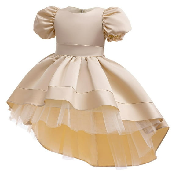 LLYWEY Satin Toddler Formal Dress, Girls Elegant Prom Gown, Kids High Low Puff Sleeve Mesh Ball Gown for Special Occasion Back Zipper Wedding Birthday Party Princess Dresses , Style BY-36, Beige, 6T