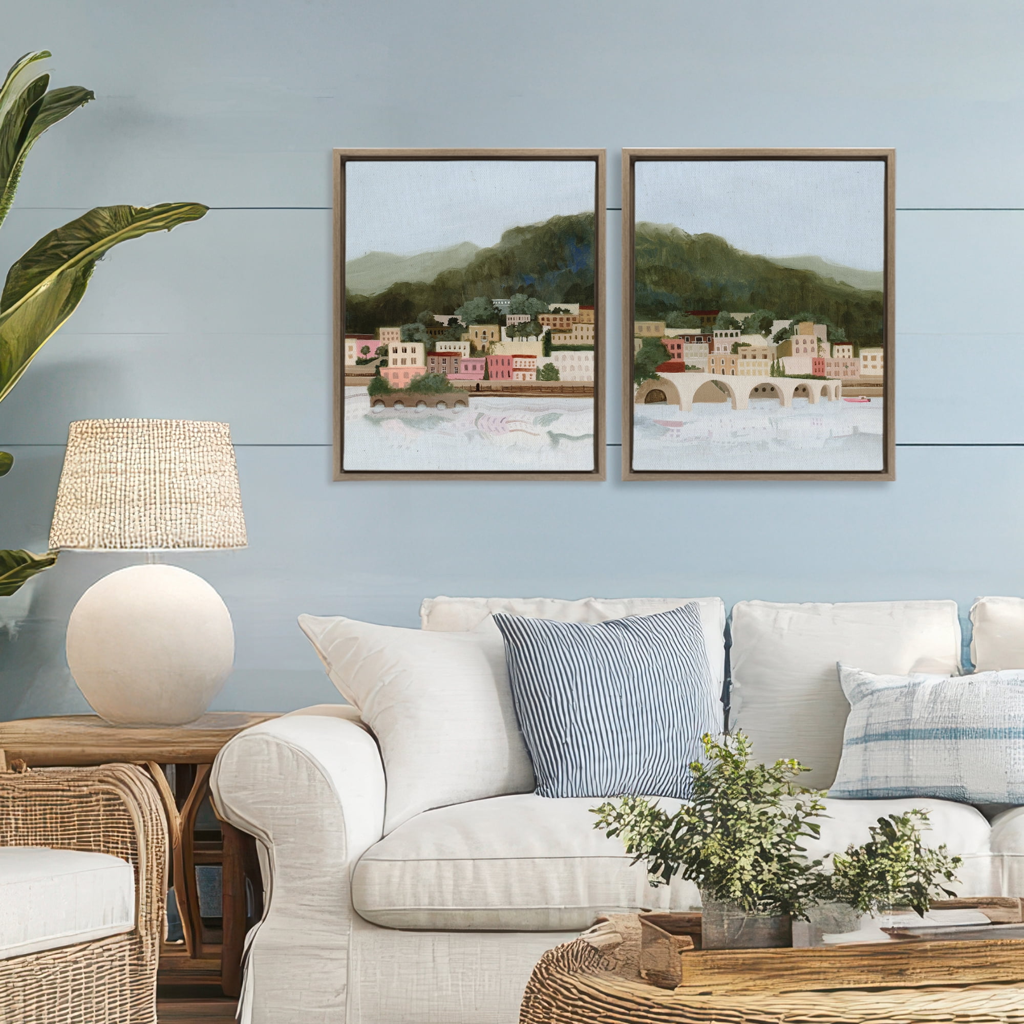 Stupell Industries Mountain Town by Sea 2 Piece Brown Framed Floater Canvas Set, design by Grace Popp