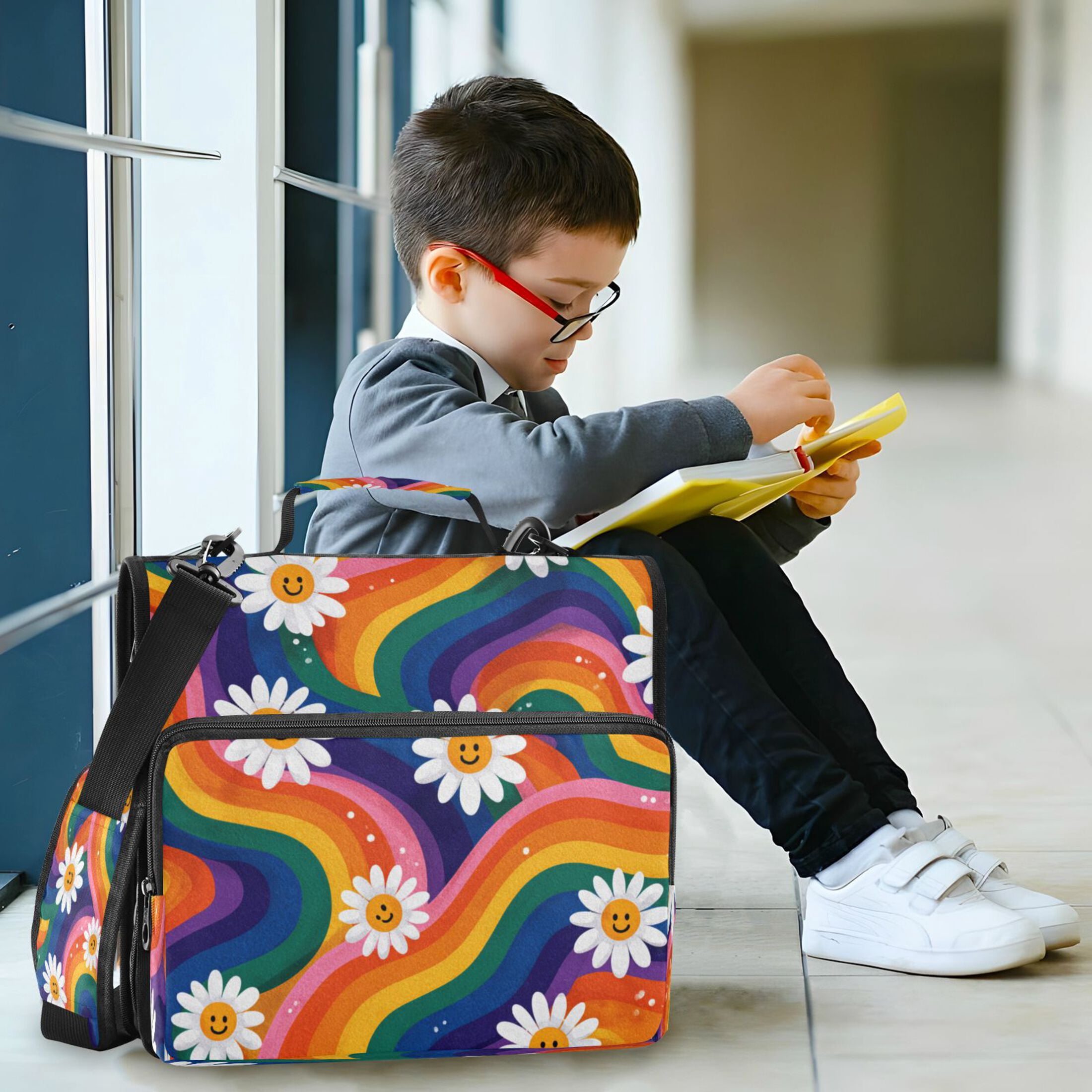 Zipper Binder 3 Rings Stationery Office Files Daily Organizer File Folder Storage Bag Rainbow-colored Waves with Daisies