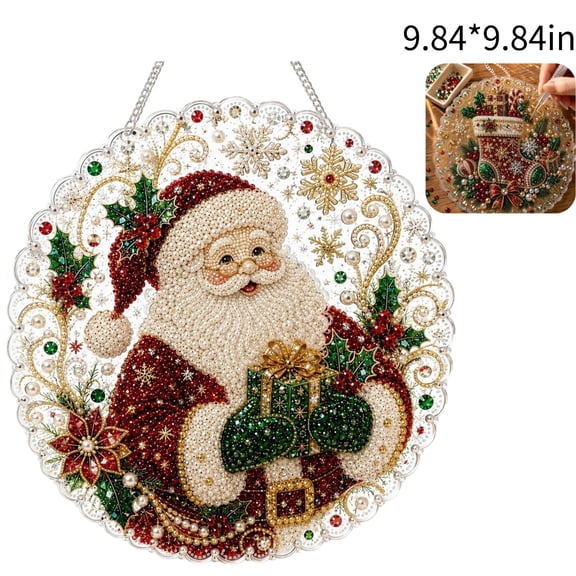 Christmas Pearl Diamond Painting Suncatcher Kit, DIY CraftPre-Assembled Metal Chain, Acrylic Round Board with Lace Edge, 2D Mixed-Sized Pearl Beads Craft, Festive Window Wall Decor,G2