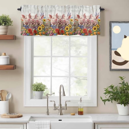 Curtain Valance for Windows Garden Watercolor Flower Pig Kitchen Valances Rod Pocket Short Curtains Farm Wood Grain Sunflower Poppy Window Valance for Bedroom Bathroom Living room 54x18in