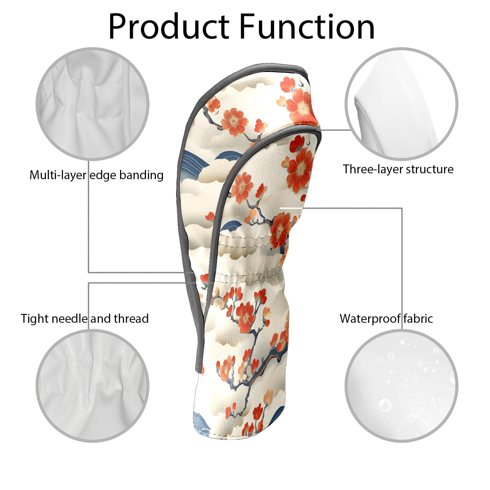 Golf Club Covers, White CherryBlossomWave Premium PU Leather Driver Hybrid Putter Head Covers with Velvet Lining, Waterproof Golf Gifts for Men Women