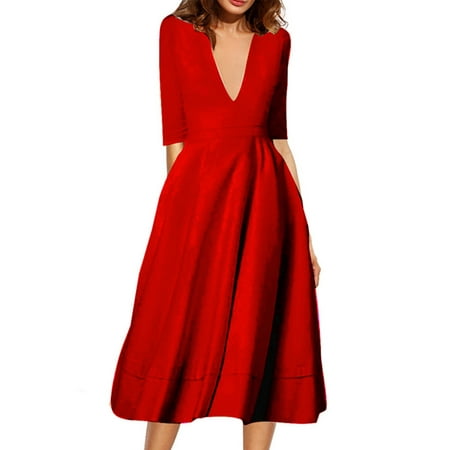 Neck Half Sleeve Dresses UKAP Womens Fashion High Waist Plain Deep V Neck Solid Half Sleeve Party Ladies Stretch Maxi Elegane Long Cocktail Evening Dress ()