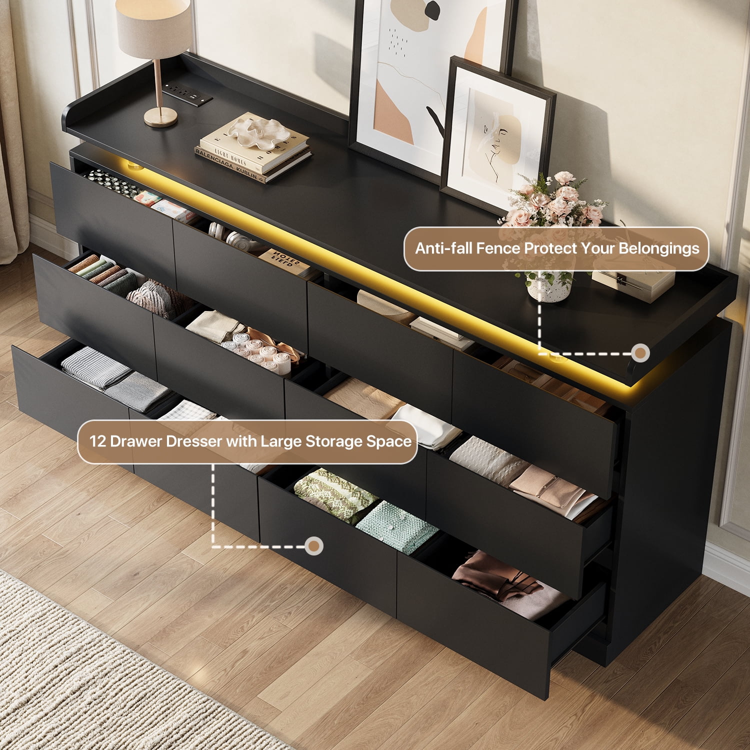 BaPiPro 63-Inch Black 12 Drawer Dresser, Modern High Gloss Chest with LED Light & Glass Tabletop, Large Capacity Storage Cabinet for Bedroom or Living Room