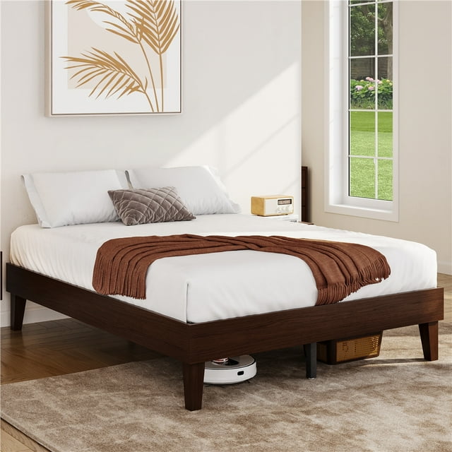Yaheetech Queen Size Wooden Platform Bed Frame with No Headboard, Dark Walnut