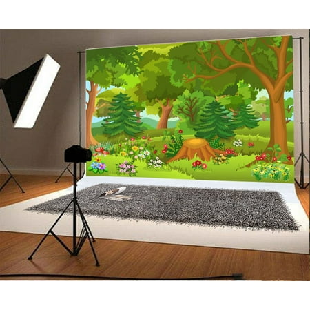 GreenDecor Polyster Cartoon Forest Backdrop 7x5ft Photography Background Willd Flowers Trees Root Grass Land Room Wallpaper Photo Video Studio Props Children Baby