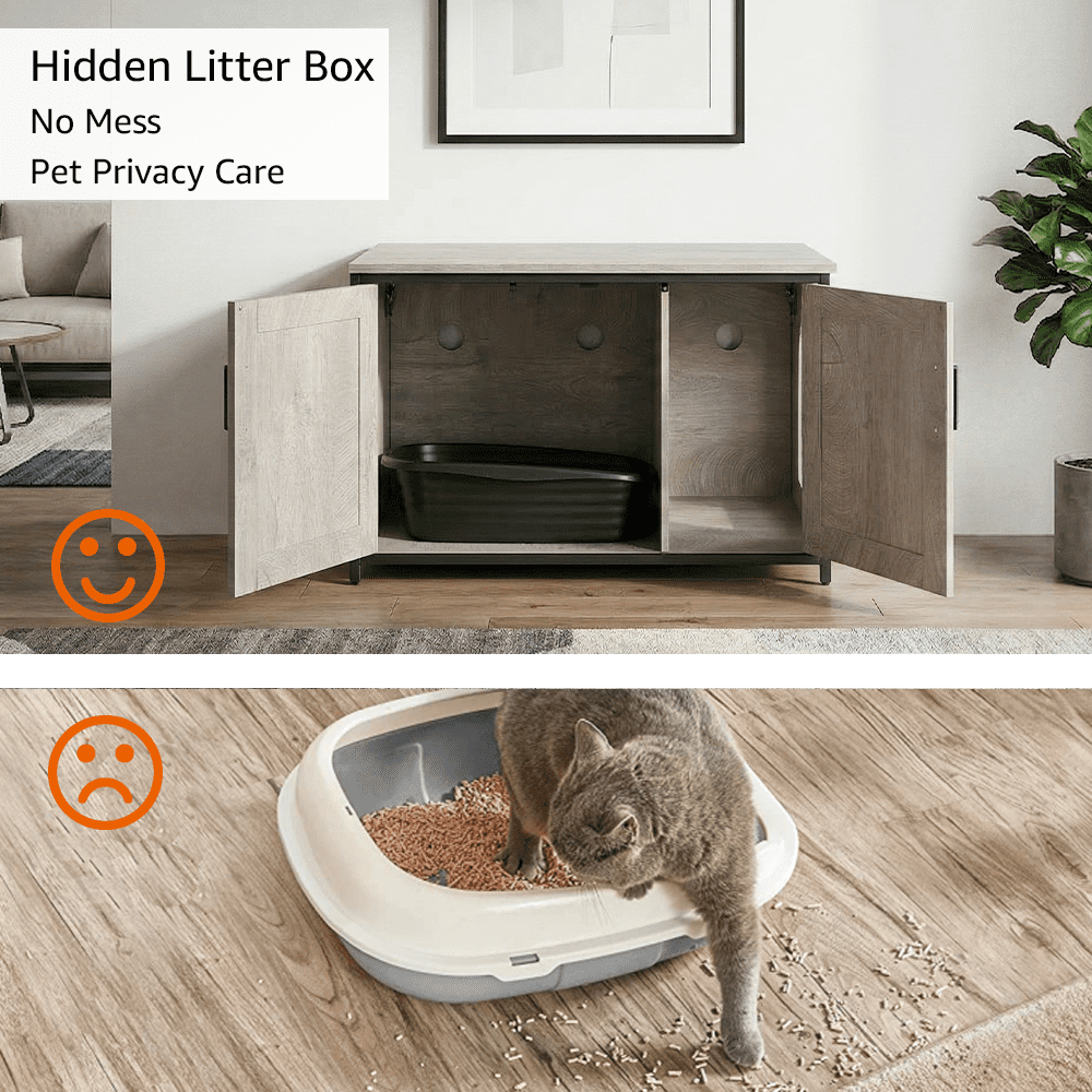 Unipaws  Litter Box Enclosure - Top Opening Cat Litter Box Cabinet, Large Size Fits XL Automatic Boxes, Pressed Wood & Metal Frame, Hide Odor & Waste - for Home Use