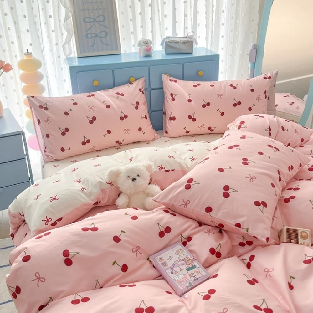 JOLUSERE 2-Piece Red Cherries with Pink Bows Comforter Twin Set , Soft Aesthetic Cherry Pattern Bedding Set for Kids Adults