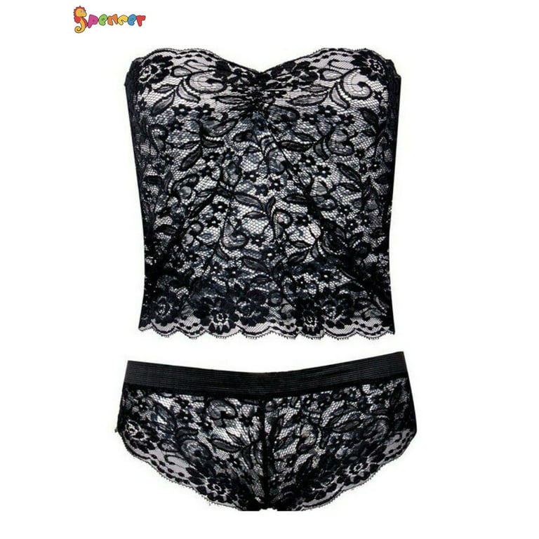 Spencer Women's Lace Sexy Lingerie Nightwear Two Piece Babydoll Bra Panty Underwear  Set Sleepwear XL,Black 