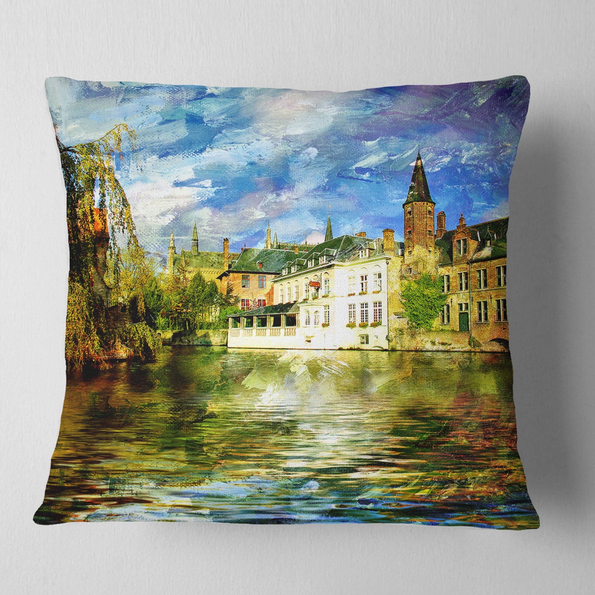 Designart Old Belgium Channel - Landscape Photography Throw Pillow - 18x18