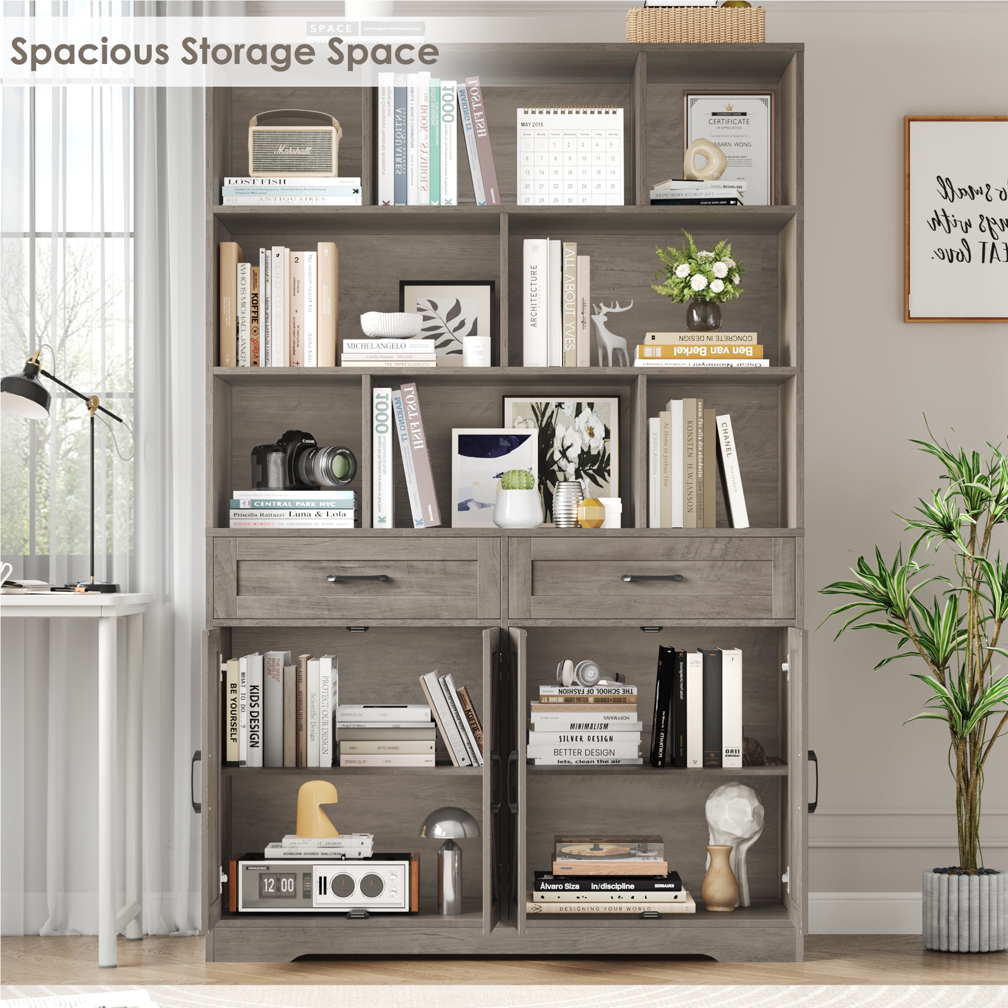 Hiphuta 71"Tall Bookcases with Drawers & Doors, 47” Wide Large Bookshelf for Home Office 6-Tier Bookshelf , Wooden Book Storage Cabinet for Home Office Living Room, Ash Gray