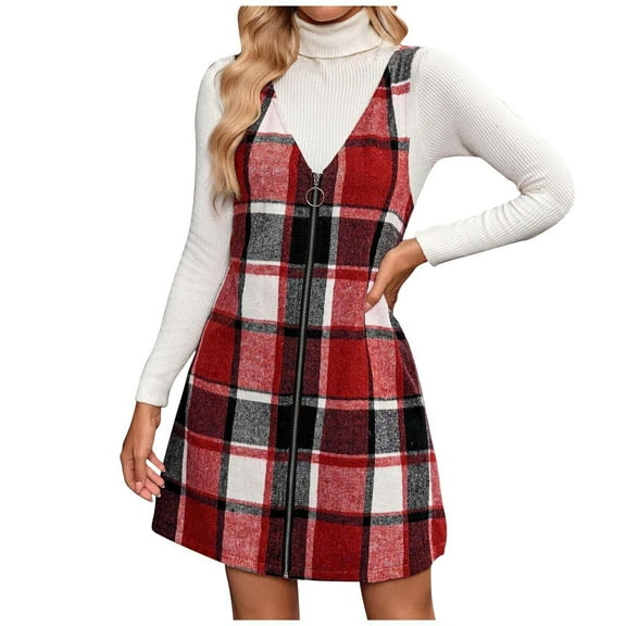 aohooy Womens Fall Jumper Dress Plaid Zip Up V Neck Sleeveless Jumpers Dresses Flannel Wool Blend Skirts Wine,L