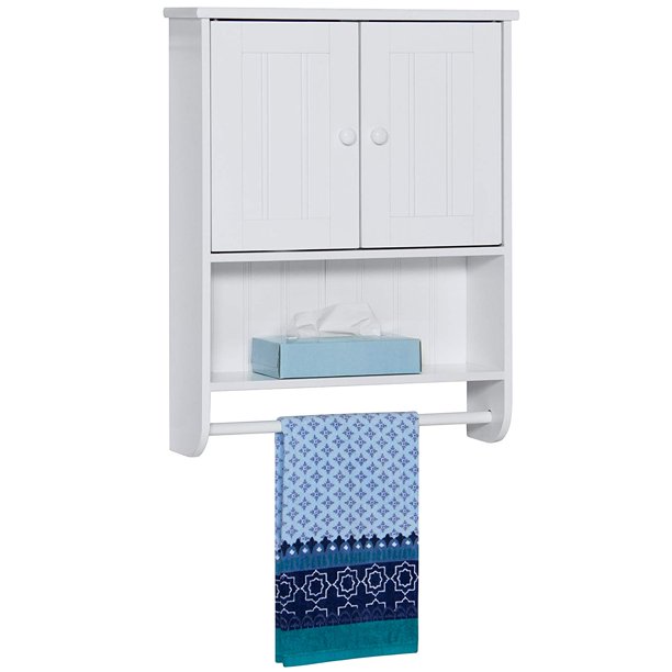Modern Contemporary Wood Bathroom Storage Organization Wall w/Open Cubby, Double Doors