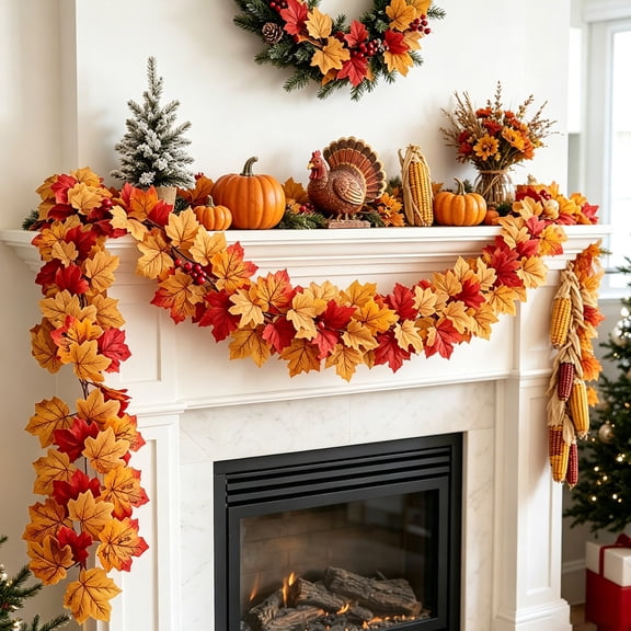 Bcylexb Fall Leaf Garland, 5.7 Double Color Artificial Hanging Maple Leaf Vines Autumn Foliage Garland Thanksgiving Decor for Home Wedding Fireplace Party Christmas