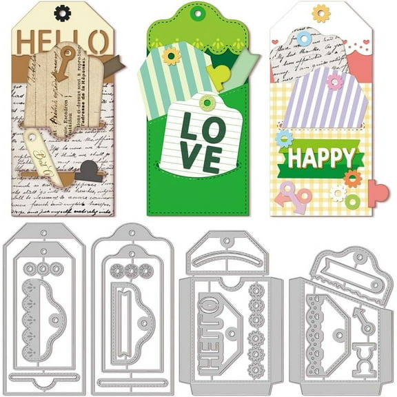 DIY 4Set 23Pcs Label Pocket Cutting Dies for DIY Scrapbooking Metal Bookmarks Bags Die Cuts Embossing Stencils Template for Paper Card Making Decoration Album Craft Decor DIY
