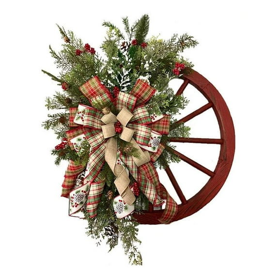 Pekkaxy Farmhouse Wagon Wheel Christmas Wreath, Artificial Outdoor Holiday Wreath with Bow