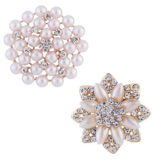 2 pcs Flower Brooch Corsage Simulated Pearl Crystal, Elegant Flower Leaf Brooch for Women, Bride