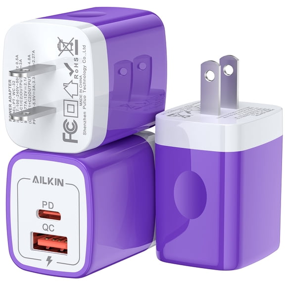 AILKIN USB C Charger,3 Pack 20W Dual Port PD USB A Fast Wall Charger Block Fast Charging Plug USB C Charger Adapter,Purple