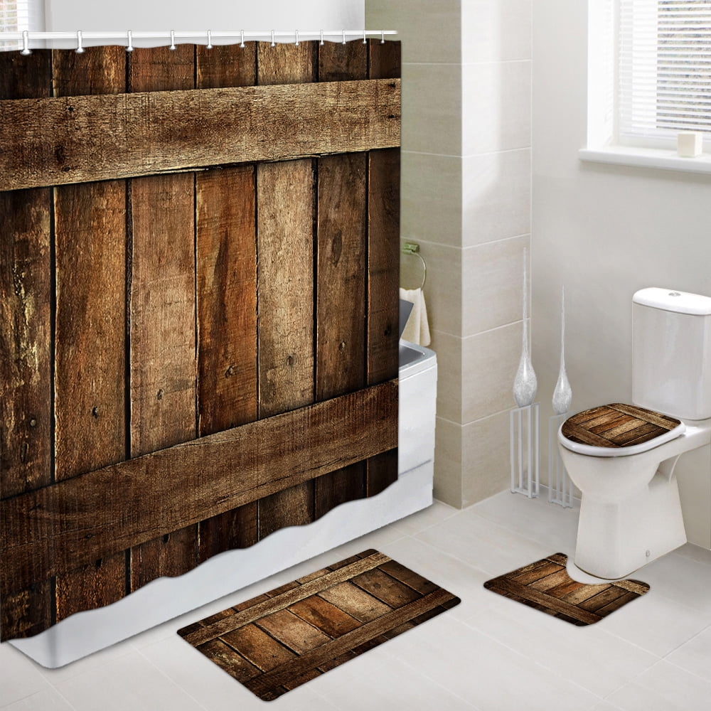 Farmhouse Shower Curtain and Bath Mat Set 69x70 Inch, Rustic Wooden