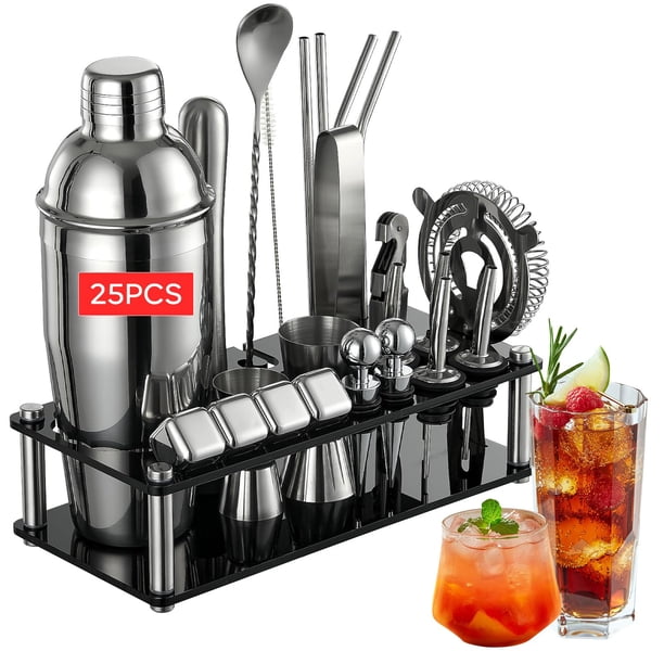 Garselay 25 Pcs Cocktail Bartender Kit,Shaker Cocktail de Acero Inoxidable de 750ml,Coctelera Kit con Soporte de Acrílico y Folleto de Recetas de Cóctel,Herramientas Profesionale