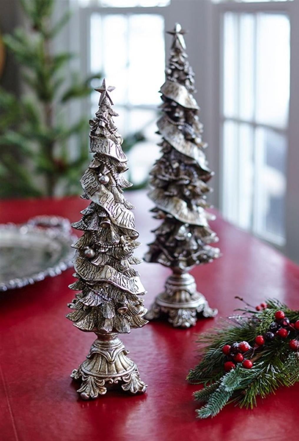 Set of 2 Festive Tree with Christmas Ribbon and Ornament Table Top