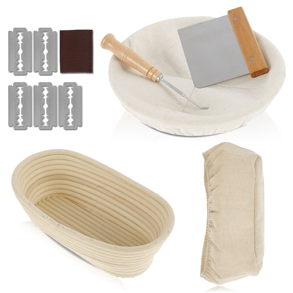 2 Pack Bread Proofing Basket Set 9.6 Inch Oval and 10 Inch Round Natural Rattan Sourdough Bread Basket Brotform Banneton with Bread Lame Dough Scraper Linen Liner Bread Making Tools for Home Bakers