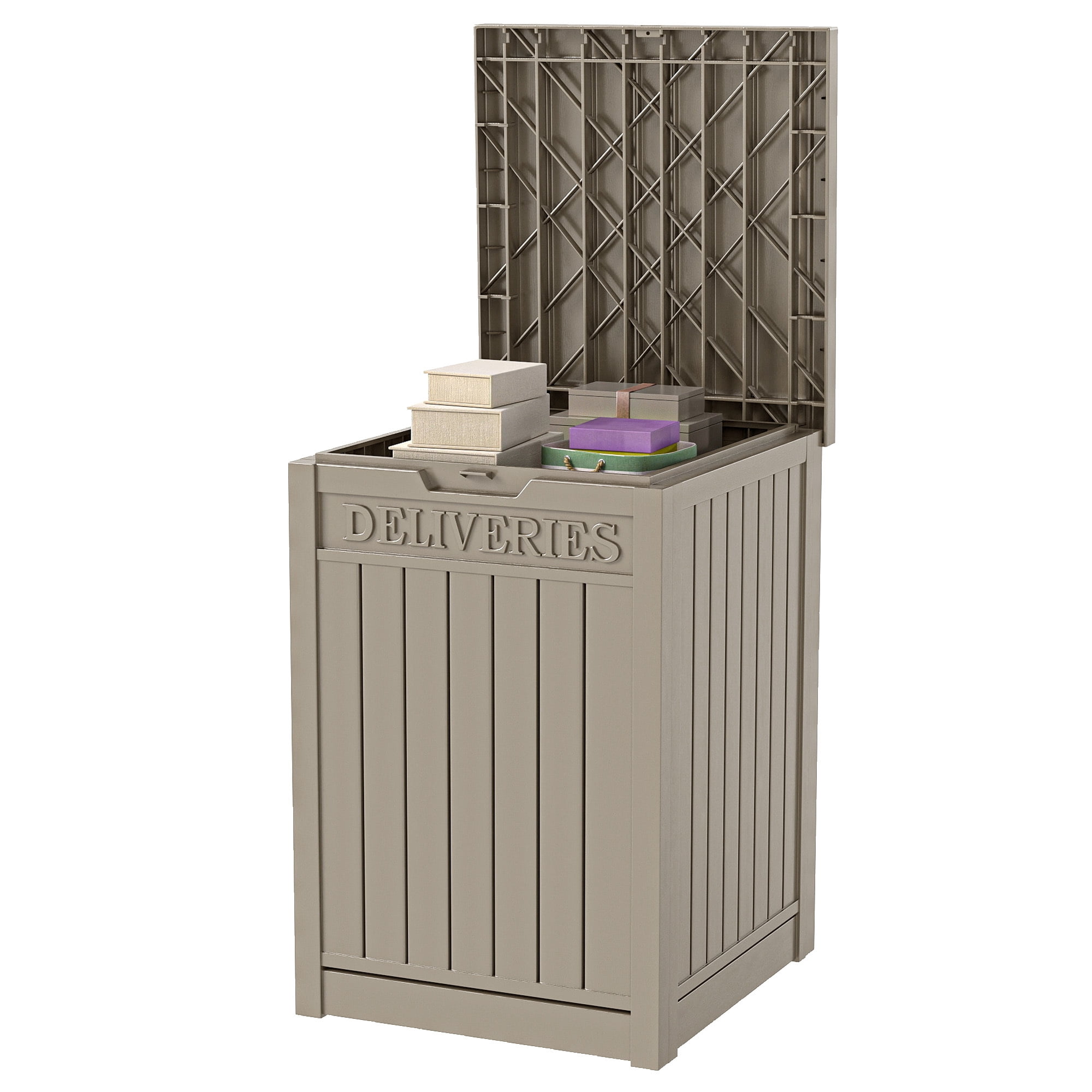 Uforic 51 Gallon Large Outdoor Resin Package Delivery Box, Waterproof Lockable Deck Storage Box for Porch & Curbside, Light Brown